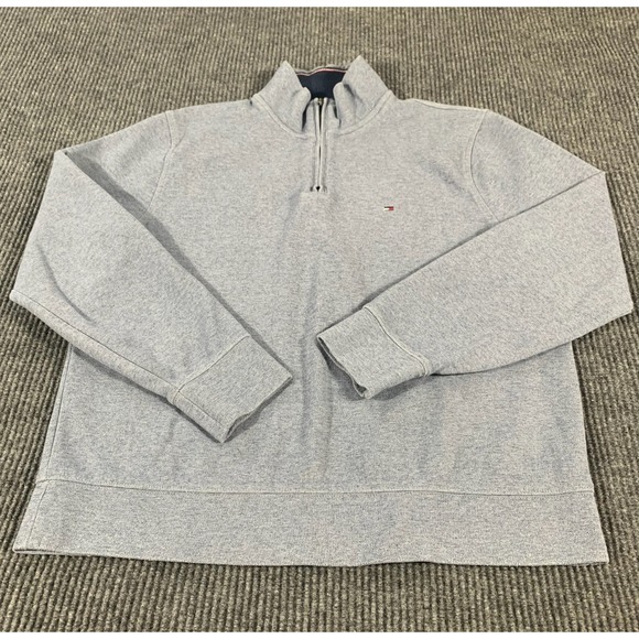 Tommy Hilfiger Sweater Mens Large Blue Quarter Zip Flag Embroidered Preppy Golf - Picture 1 of 11